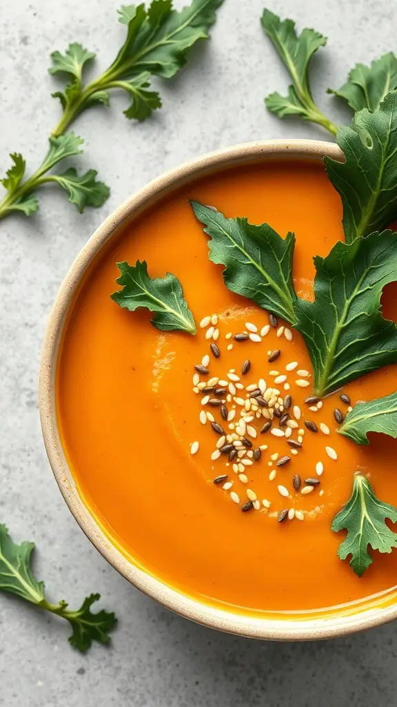 A bowl of sweet potato and kale soup garnished with sesame seeds and fresh kale leaves.