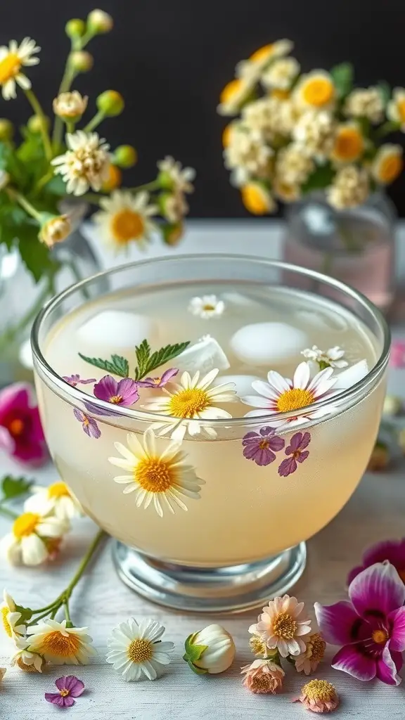 A bowl of elderflower punch with edible flowers and ice, surrounded by more flowers.