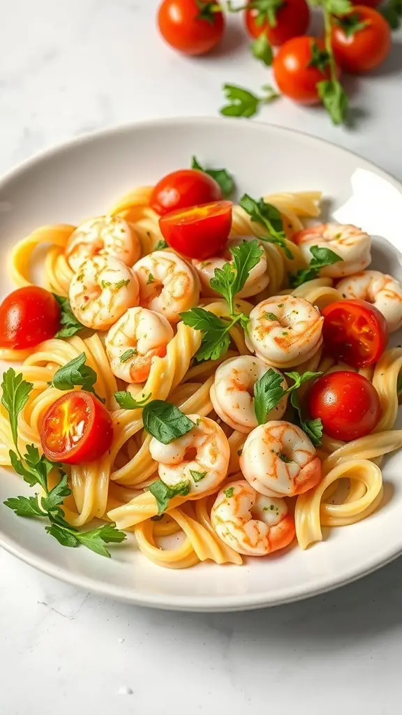 A plate of shrimp pesto pasta salad with cherry tomatoes and parsley.