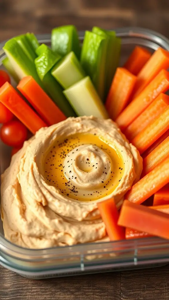 A container filled with hummus and fresh vegetable sticks including carrots and celery.