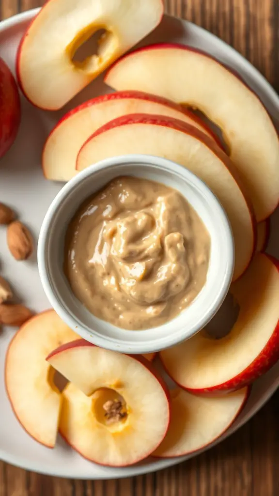 A plate of apple slices arranged around a small bowl of almond butter.