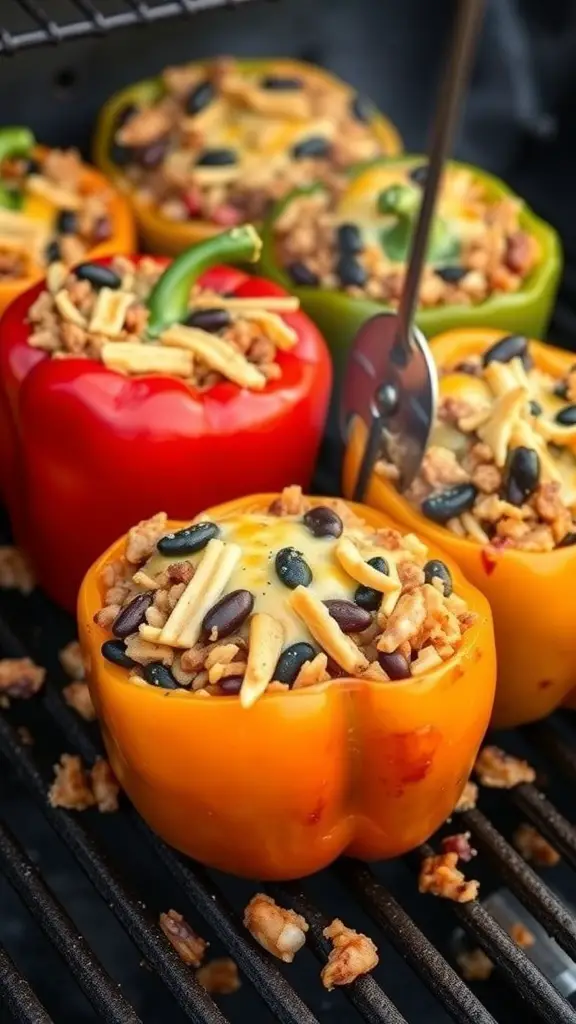 Colorful stuffed bell peppers on the grill, filled with a savory mixture.