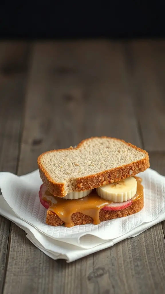 Peanut butter and banana sandwich on whole grain bread