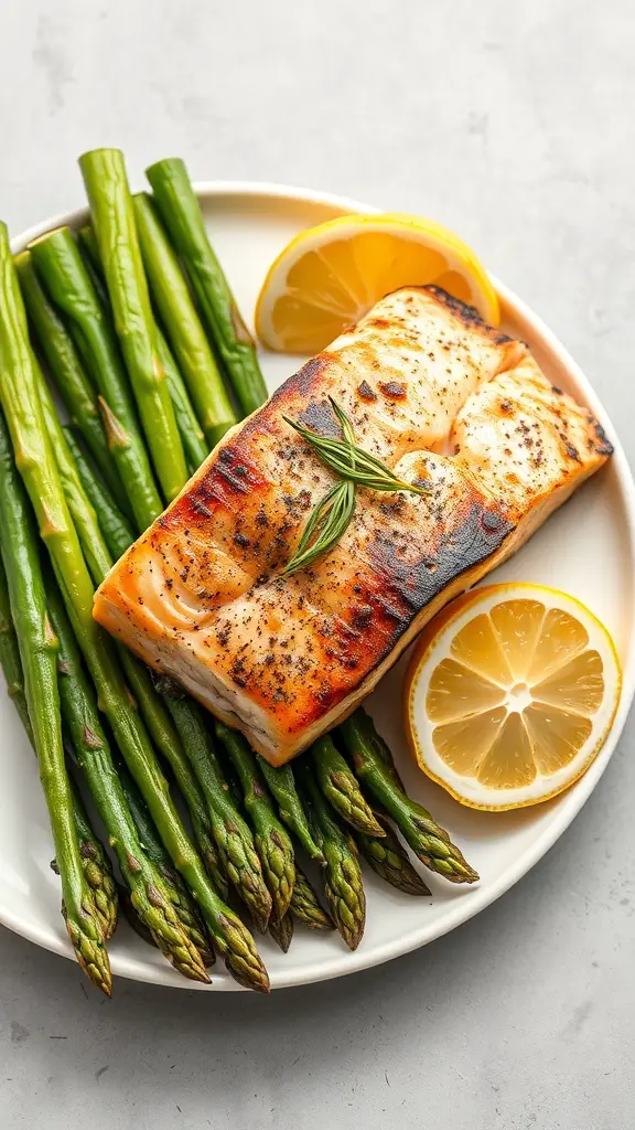 Grilled salmon fillet with asparagus and lemon slices on a white plate.
