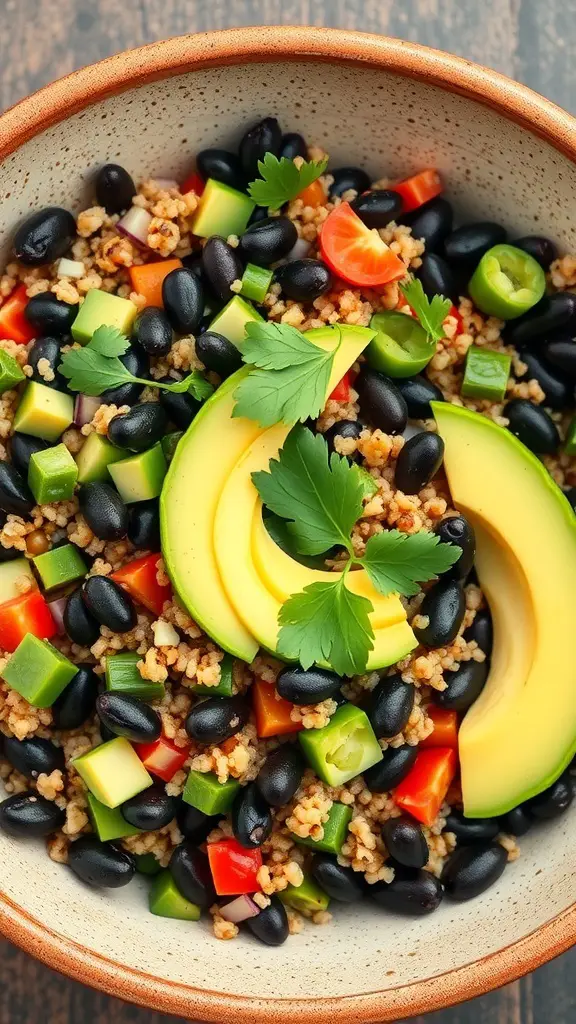 A bowl of quinoa salad with black beans, avocado, and colorful vegetables.