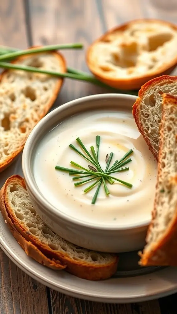 A bowl of creamy potato and leek soup garnished with chives, accompanied by slices of bread.