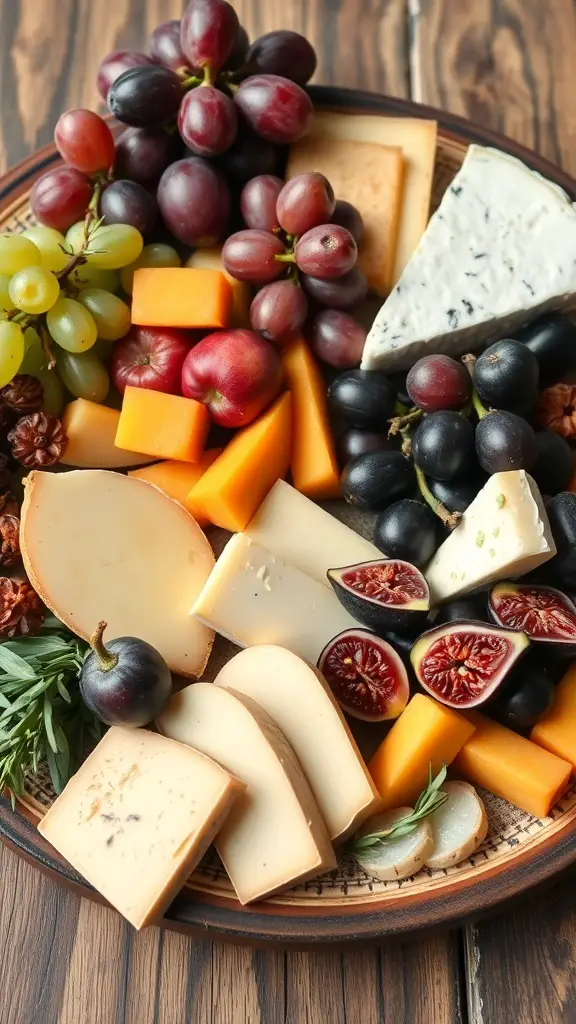 A colorful fruit charcuterie board featuring various cheeses and fruits.