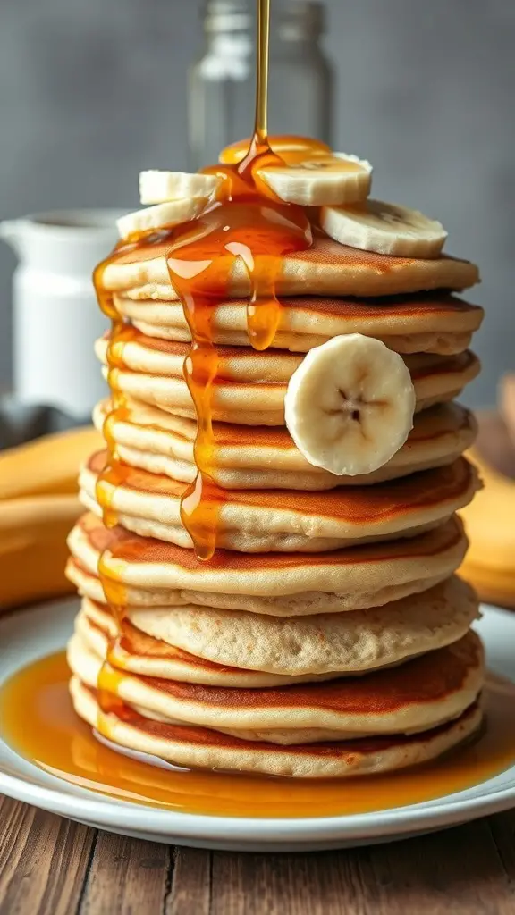 A stack of banana pancakes drizzled with maple syrup and topped with banana slices.