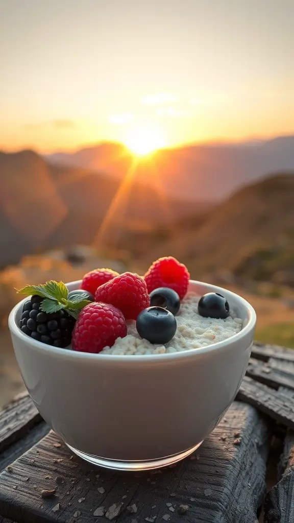 A bowl of instant oatmeal topped with fresh berries, set against a beautiful sunset backdrop.