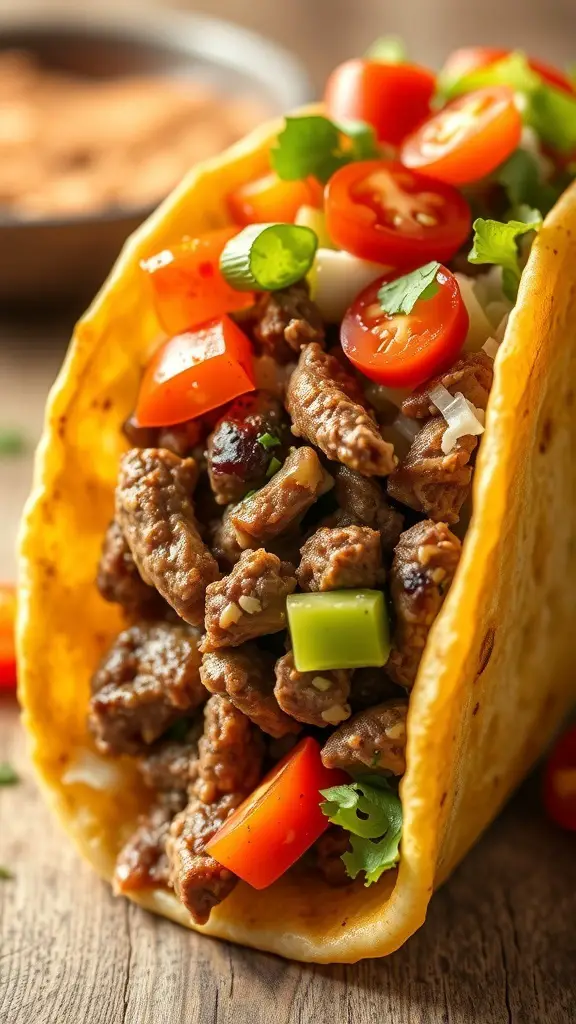 A close-up of a beef taco filled with Hatch chilis, tomatoes, and fresh toppings.