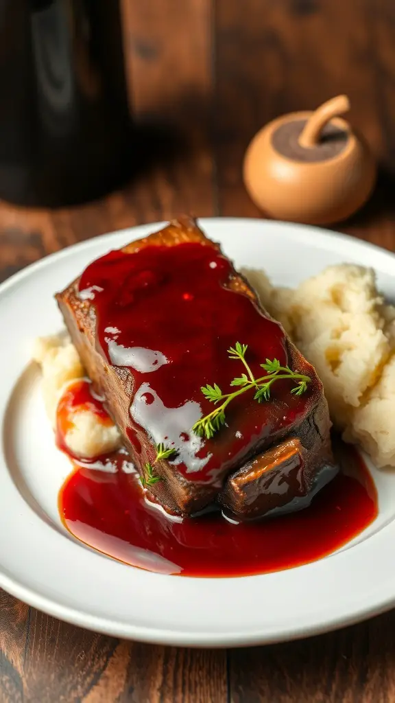 Plate of braised beef with red wine sauce served with mashed potatoes