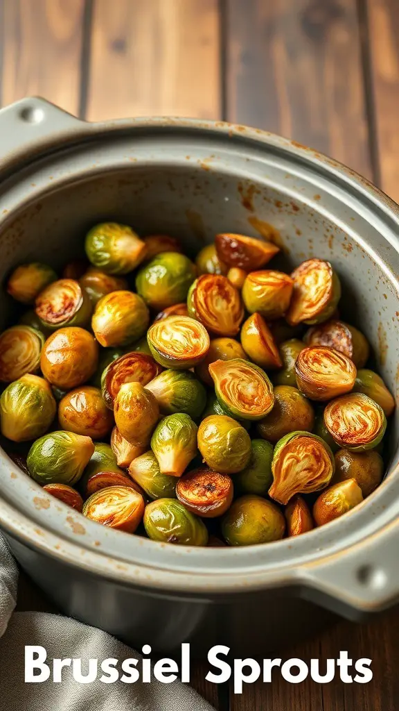 A bowl of Maple Dijon Glazed Brussels Sprouts in a crockpot.