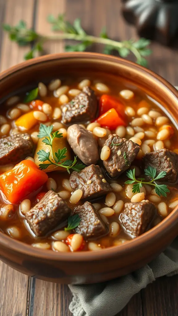 A bowl of beef and barley stew with chunks of beef, colorful vegetables, and barley.