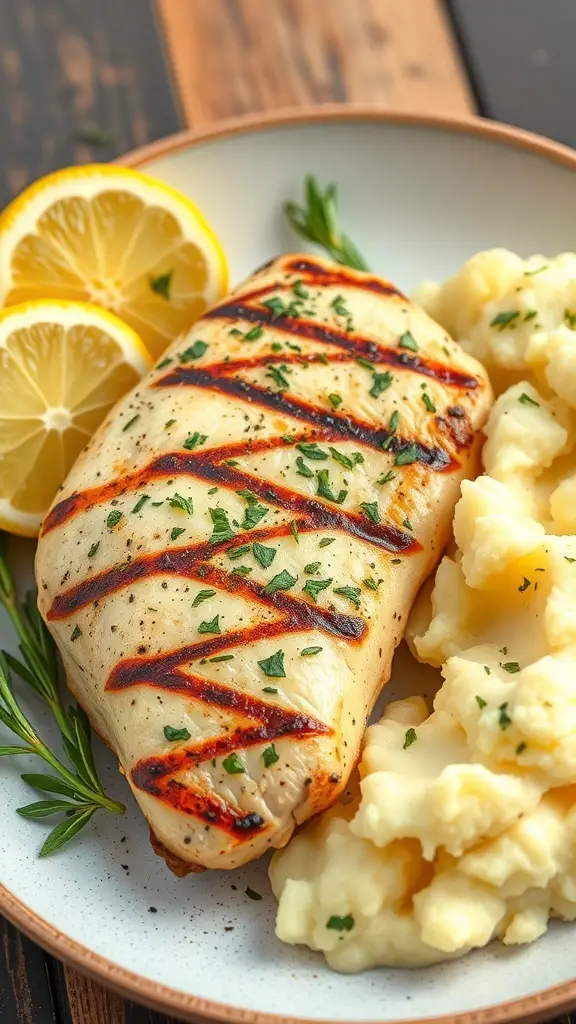Grilled chicken breast with lemon slices and creamy mashed potatoes on a plate