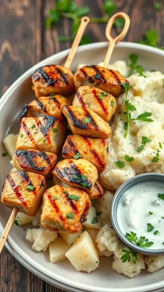 Grilled chicken skewers served with creamy herb mashed potatoes and a side of yogurt sauce.