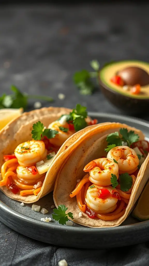 Shrimp tacos with pasta salsa served on a plate, garnished with cilantro and lime.
