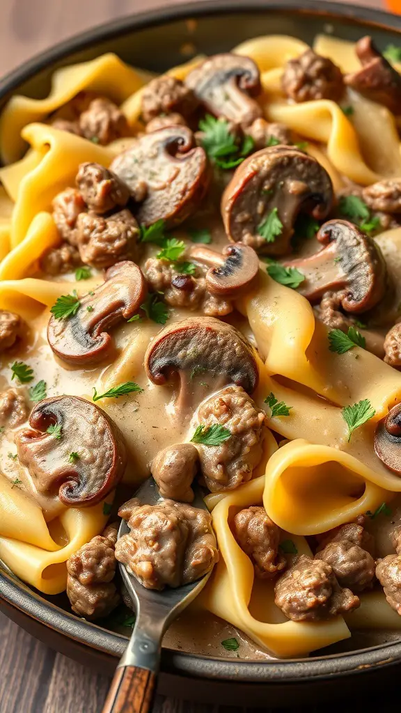 A delicious Beef and Mushroom Stroganoff Casserole with wide noodles, ground beef, and mushrooms, garnished with fresh parsley.