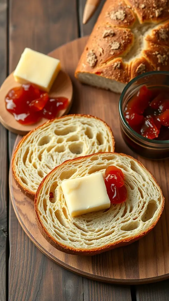 Sliced no-knead bread with butter and jam on a wooden board