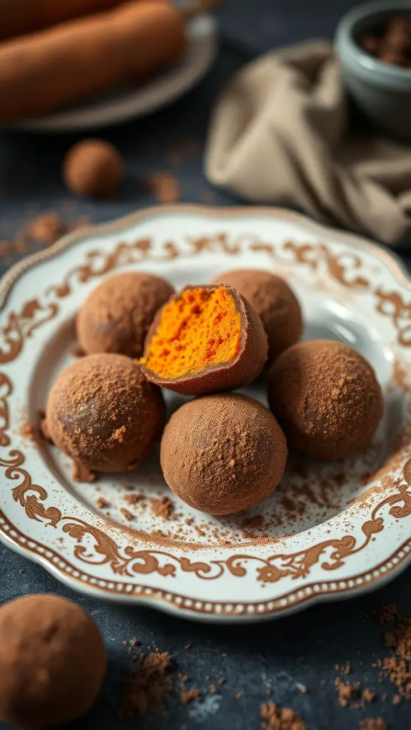 Plate of sweet potato truffles dusted with cocoa powder, one truffle cut in half showing the orange filling.