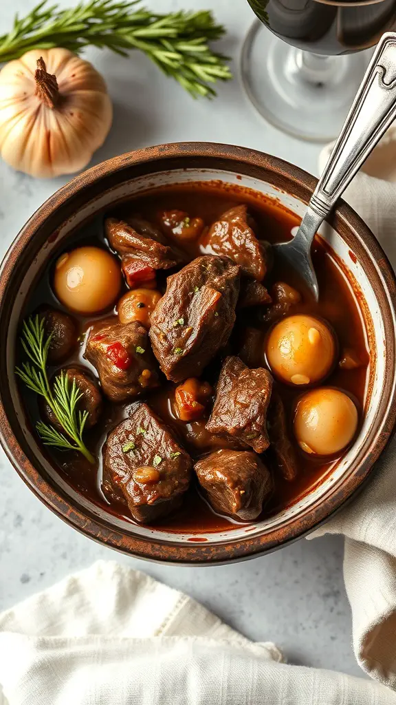 A bowl of Beef Bourguignon with tender beef, pearl onions, and herbs.