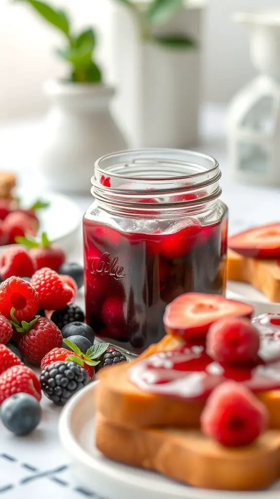 A jar of berry medley preserves with fresh berries and toast