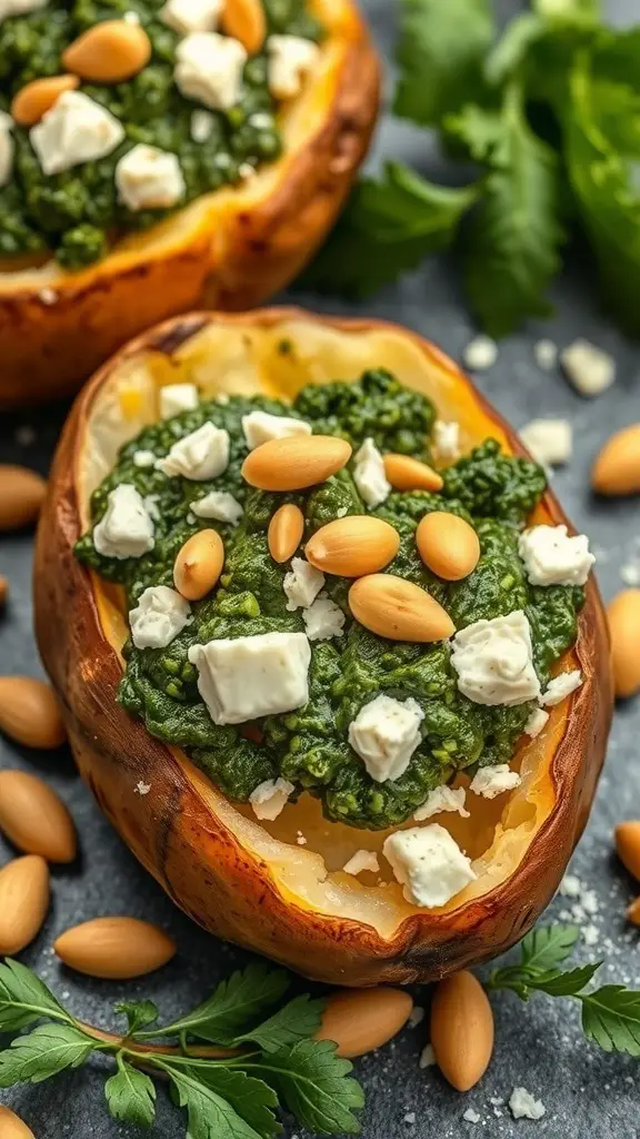 Baked potato topped with pesto, goat cheese, and pine nuts, garnished with fresh herbs.