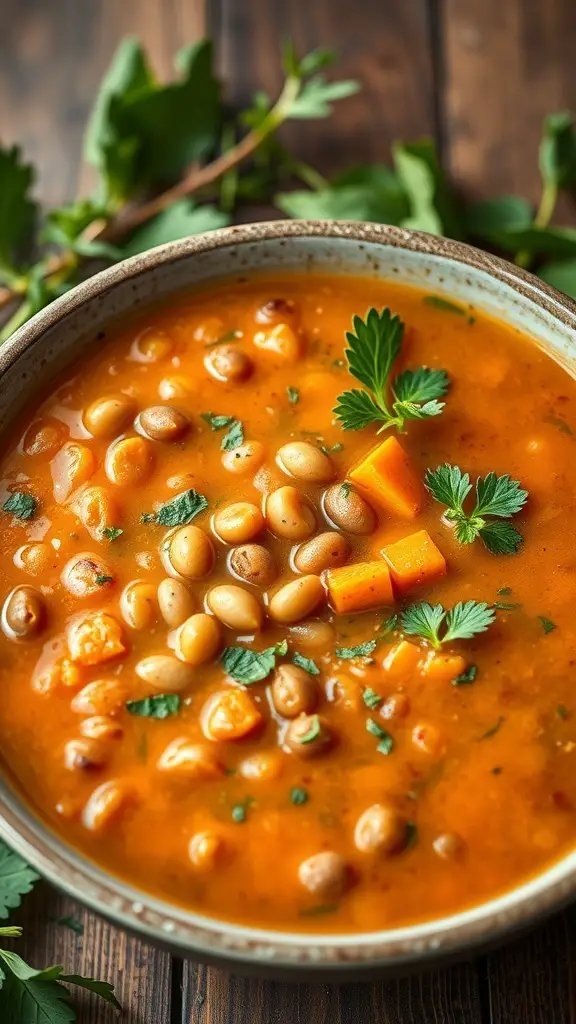 A bowl of spicy sweet potato and lentil soup garnished with fresh herbs