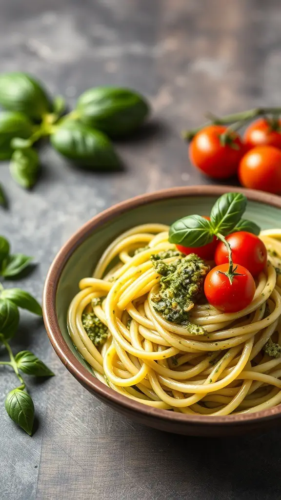 A bowl of zucchini noodles with pesto and cherry tomatoes, garnished with fresh basil.