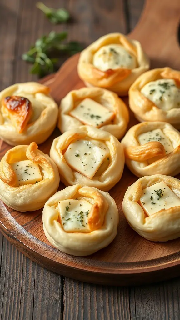 Savory puff pastries with cheese on a wooden board