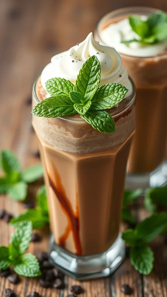Two glasses of chocolate mint punch topped with whipped cream and mint leaves
