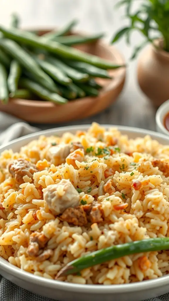 A hearty chicken and rice casserole served with green beans on the side.