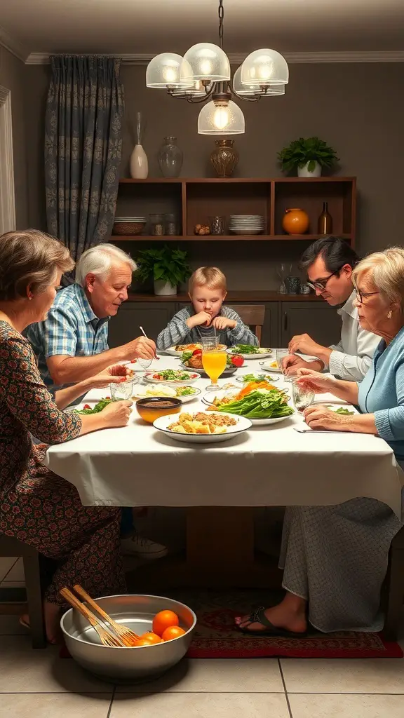 A family enjoying a meal together at a dining table, with various healthy dishes and ingredients visible.