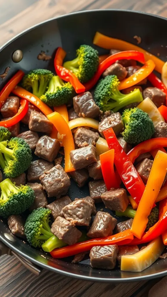 A colorful beef and vegetable stir-fry in a frying pan, featuring chunks of beef, broccoli, and bell peppers.