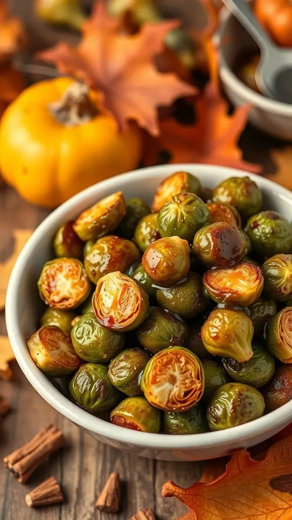 Bowl of maple glazed Brussels sprouts with autumn decorations