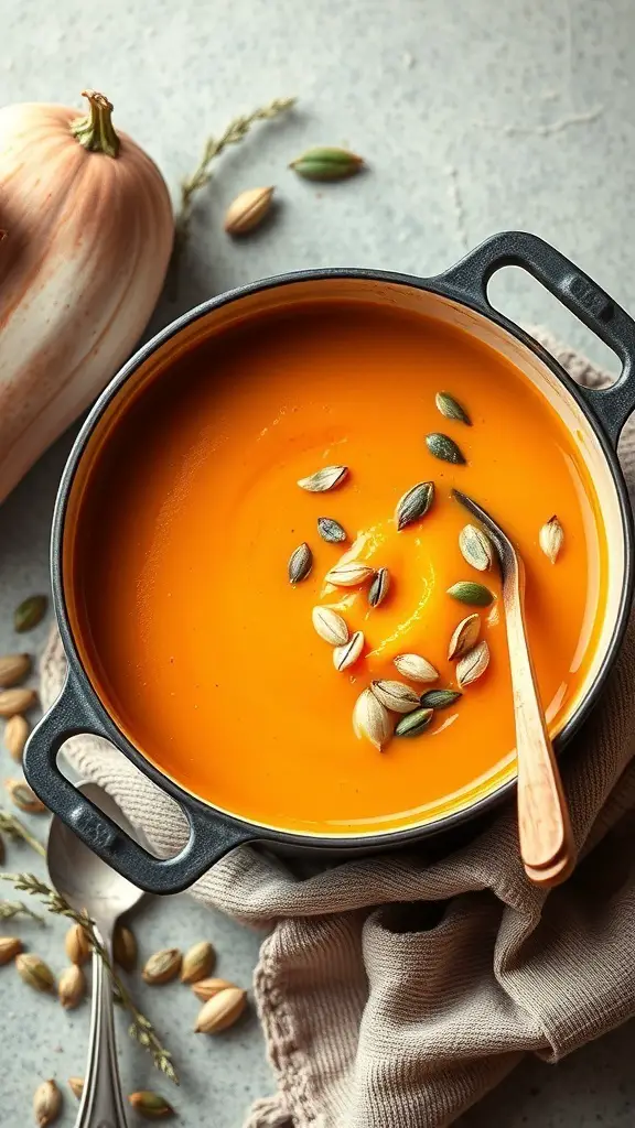 A bowl of creamy butternut squash soup garnished with seeds, surrounded by a butternut squash and herbs.