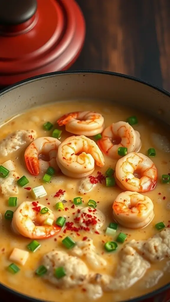 A pot of spicy shrimp and grits with shrimp, green onions, and a creamy base.