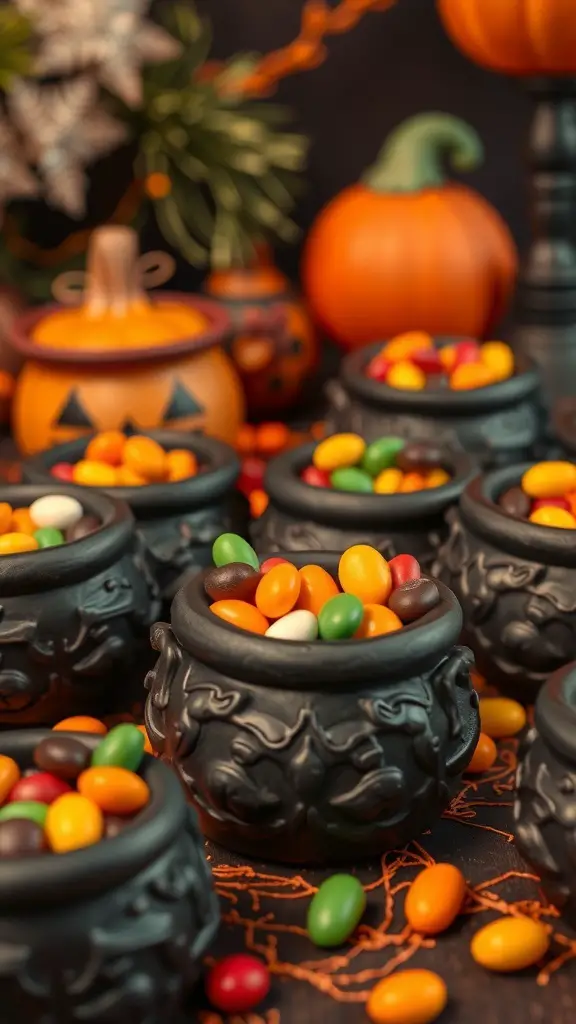 A collection of black cauldron-shaped containers filled with colorful candies, surrounded by Halloween decorations.