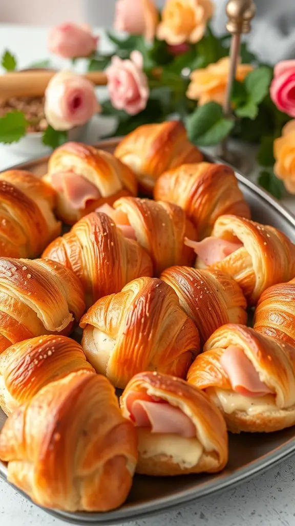 A platter of mini croissant sandwiches filled with ham and cheese, garnished with flowers in the background.