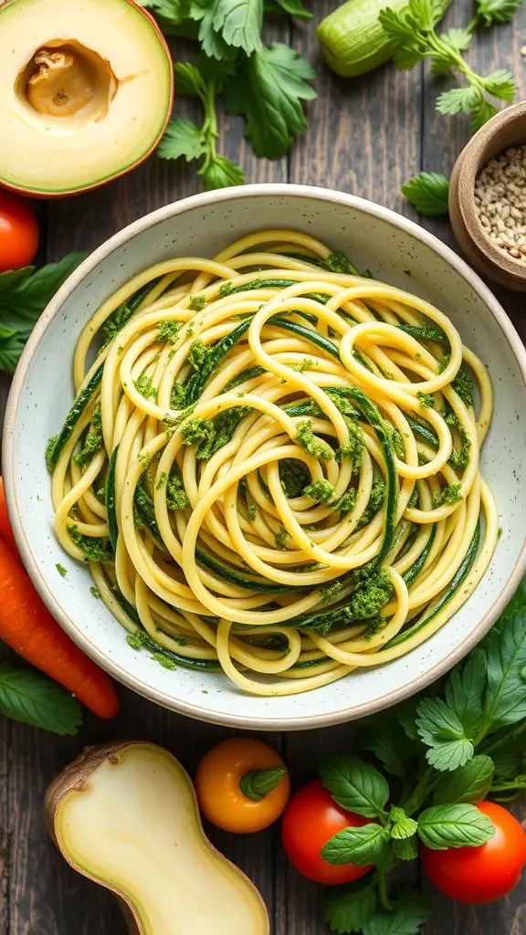 A bowl of zucchini noodles with pesto, surrounded by fresh vegetables.