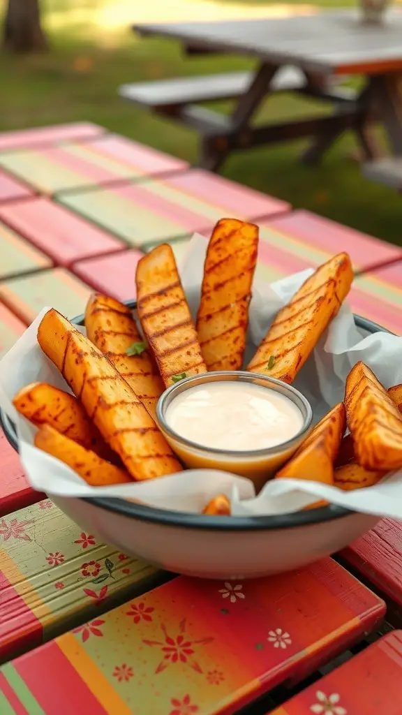 A bowl of spicy potato wedges with a creamy dipping sauce on a colorful table.