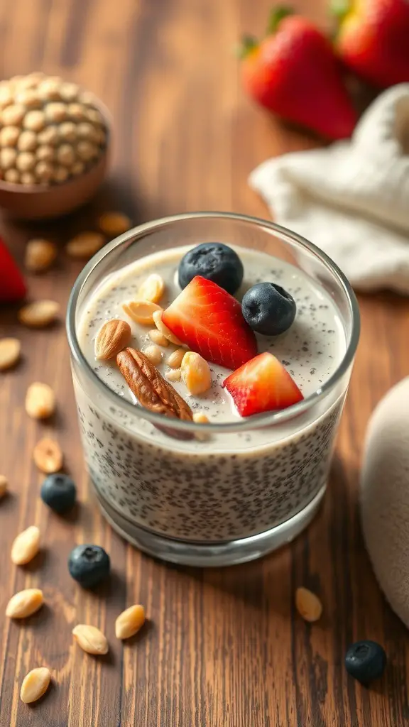 A glass of chia seed pudding topped with strawberries, blueberries, and nuts on a wooden table.