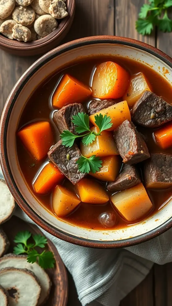A bowl of beef stew with chunks of beef, carrots, and potatoes, garnished with cilantro.