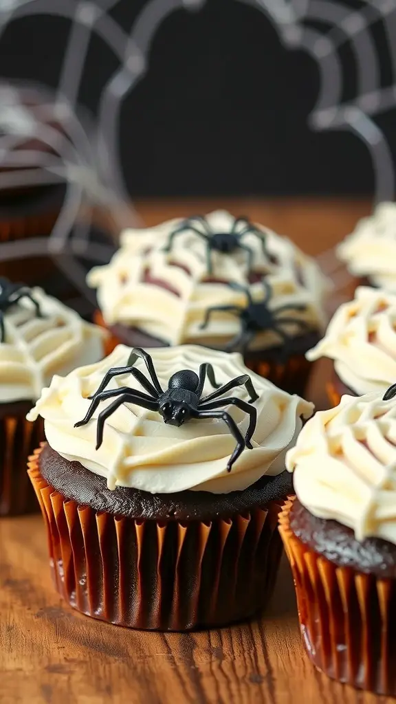 Spooky spider web cupcakes with chocolate base and white frosting topped with plastic spiders.