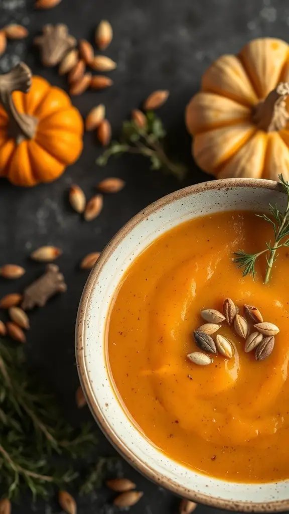 A bowl of creamy pumpkin soup topped with toasted seeds, surrounded by small pumpkins and seeds.