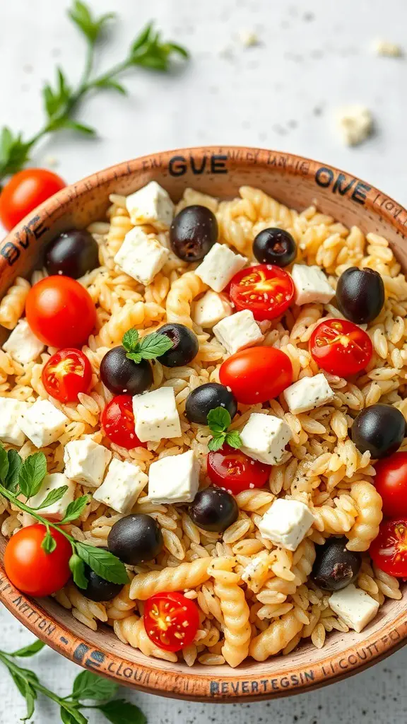 A bowl of Mediterranean Orzo Salad with Feta, featuring orzo pasta, cherry tomatoes, black olives, and feta cheese.