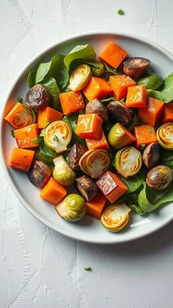 A colorful salad featuring roasted sweet potatoes and Brussels sprouts on a white plate.