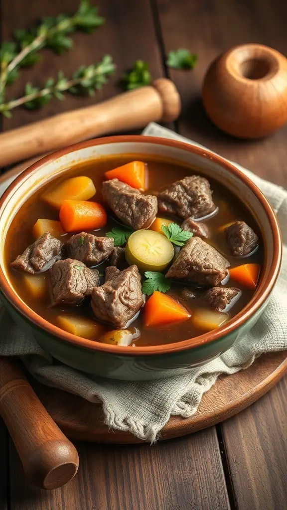 A bowl of classic beef stew with root vegetables, garnished with fresh herbs.