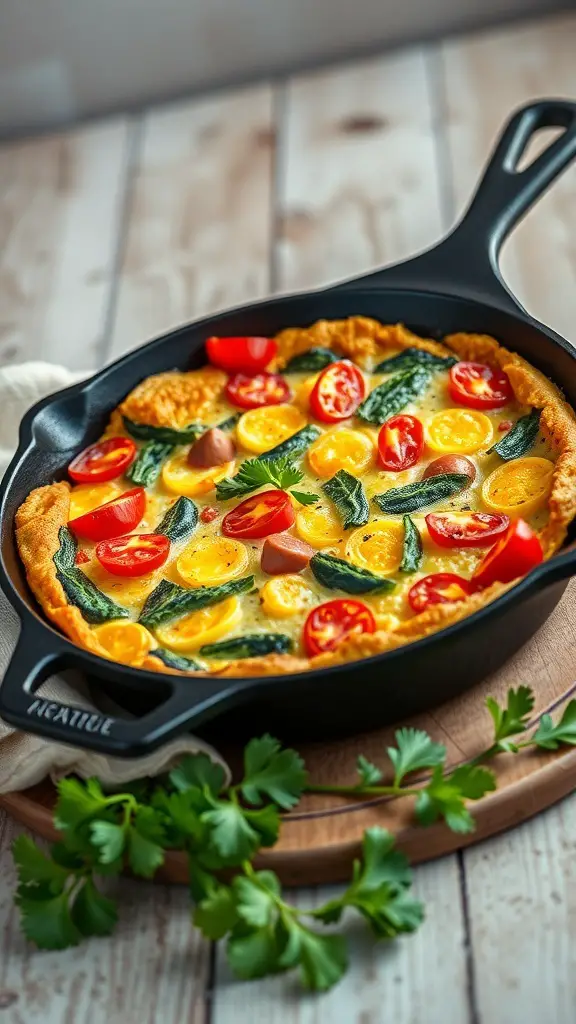 Oven-baked frittata with cherry tomatoes and greens in a skillet