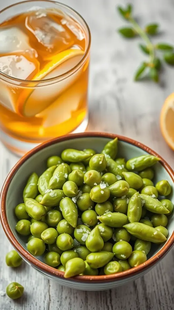 A bowl of edamame with sea salt next to a glass of iced tea