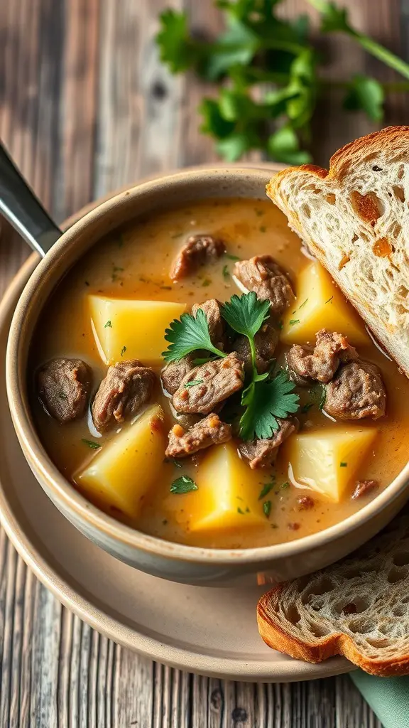 A bowl of creamy beef and potato soup with tender chunks of beef and potatoes, garnished with parsley, served with a slice of bread.